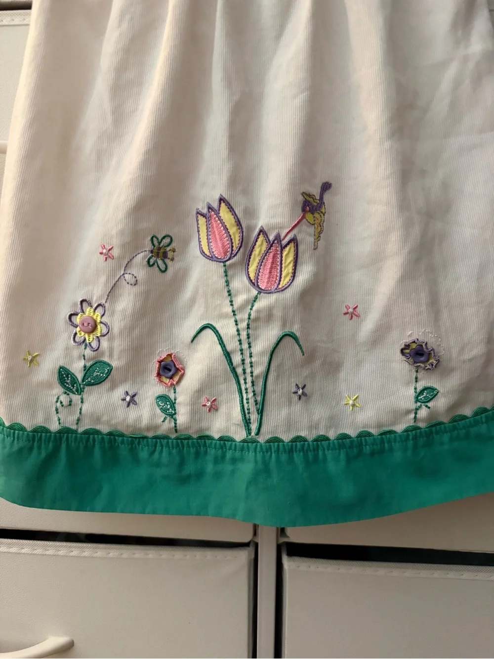 VTG Samara Girls Dress 3T White Green Corduroy Embroidered Tulip Floral Vintage